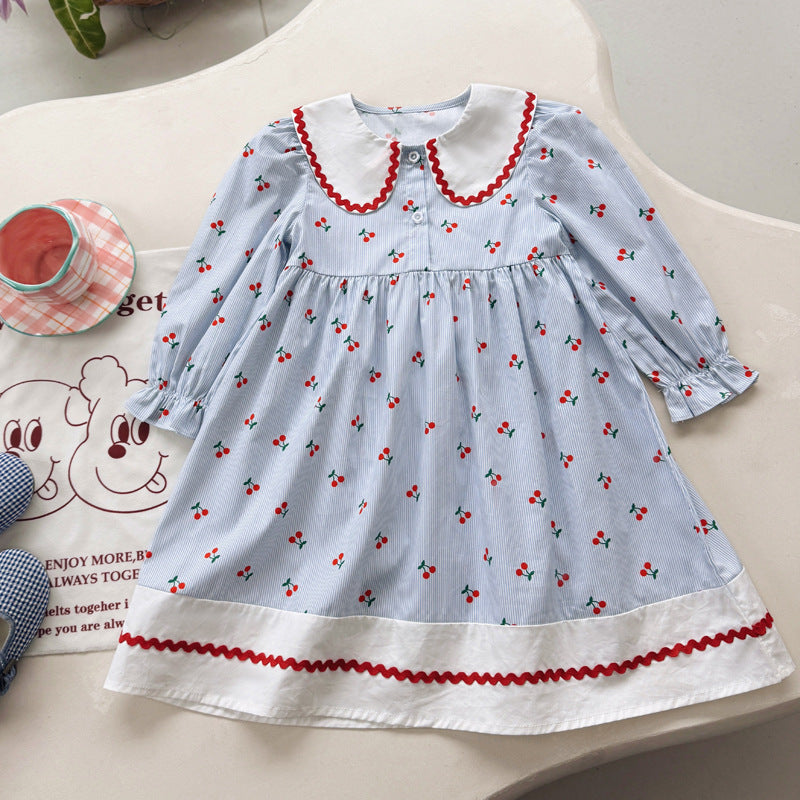 Autumn Arrival Baby Kids Girls Cherry Pattern Long Sleeves Dress with Collar