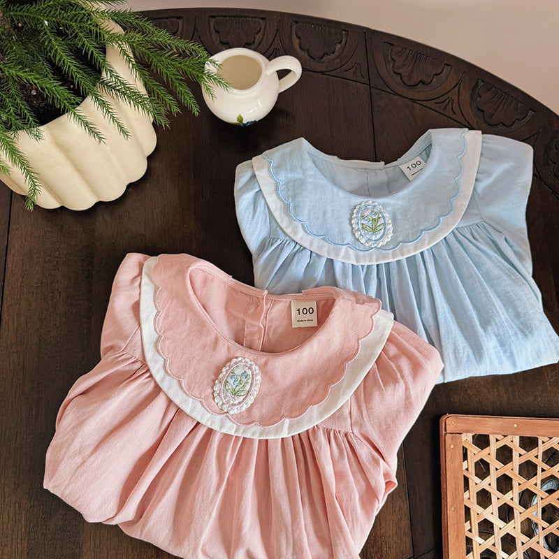Simple Plain Autumn Girls Flower Embroidery Collar Long Sleeves French Style Dress