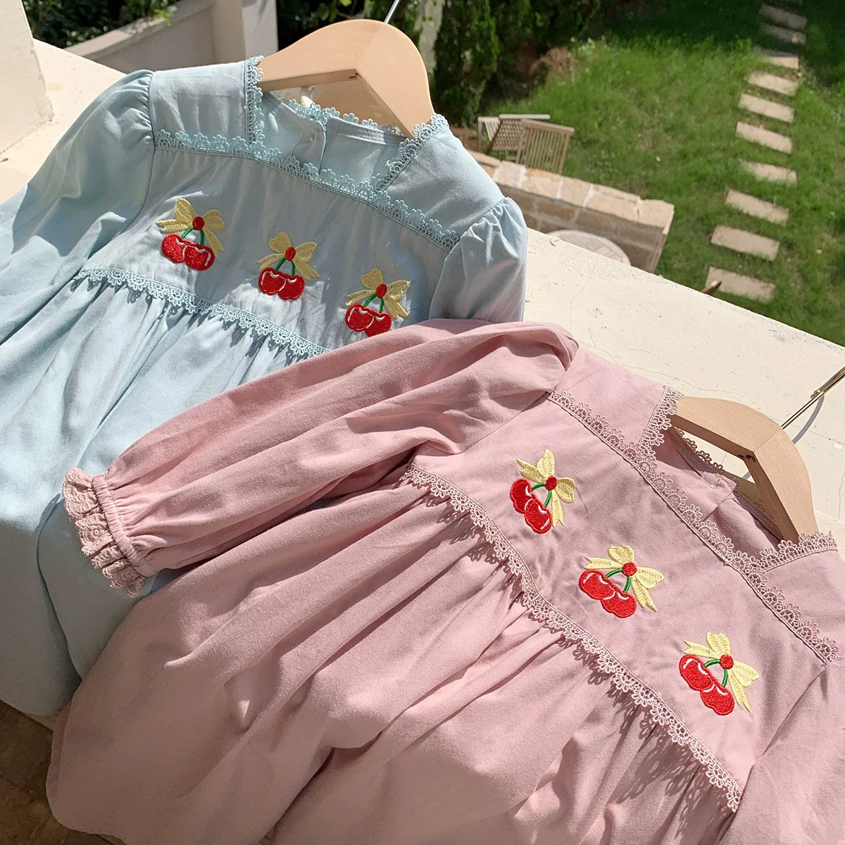 Autumn Arrival Baby Kids Girls Cherry Embroidered Pattern Long Sleeves Dress