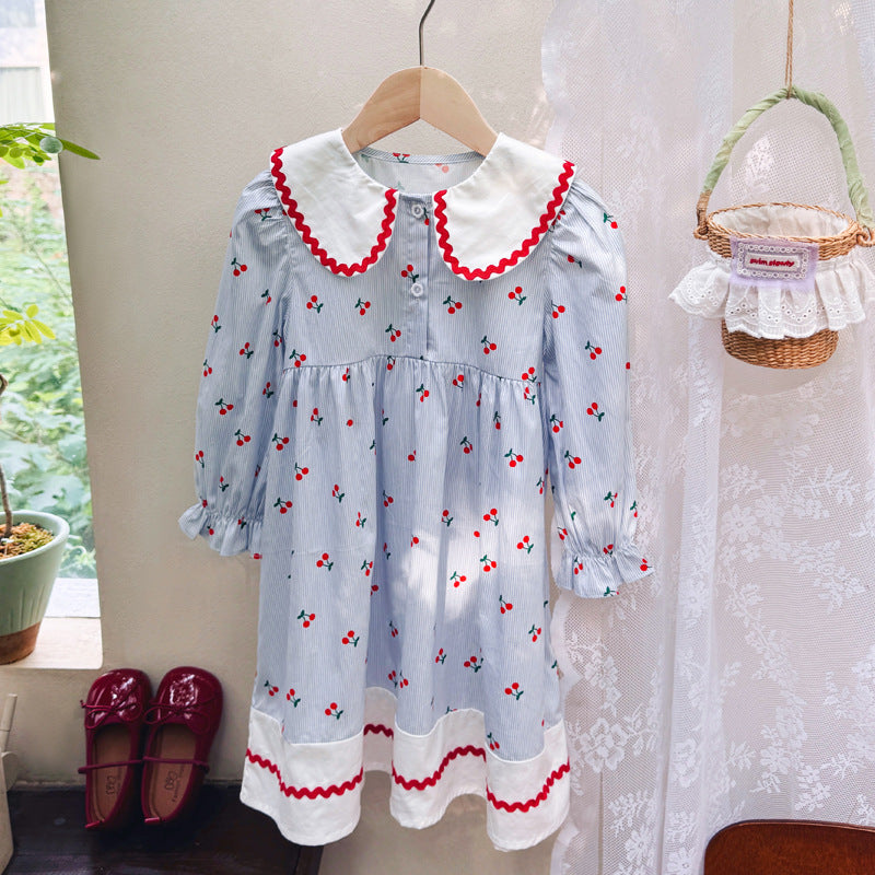 Autumn Arrival Baby Kids Girls Cherry Pattern Long Sleeves Dress with Collar