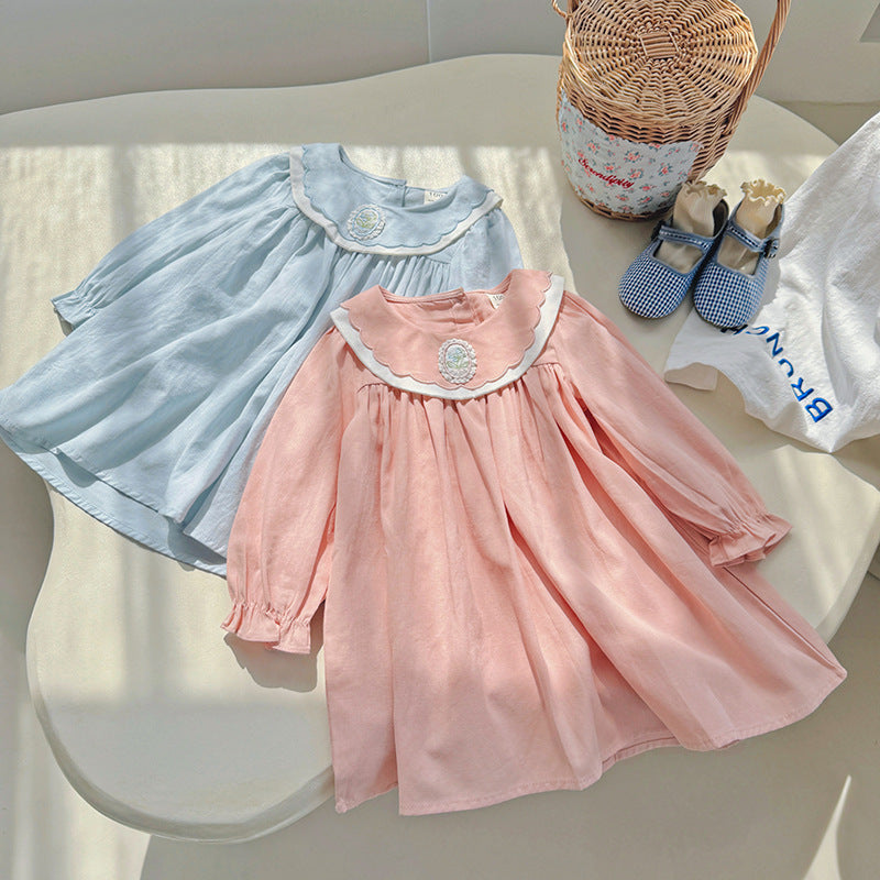 Simple Plain Autumn Girls Flower Embroidery Collar Long Sleeves French Style Dress