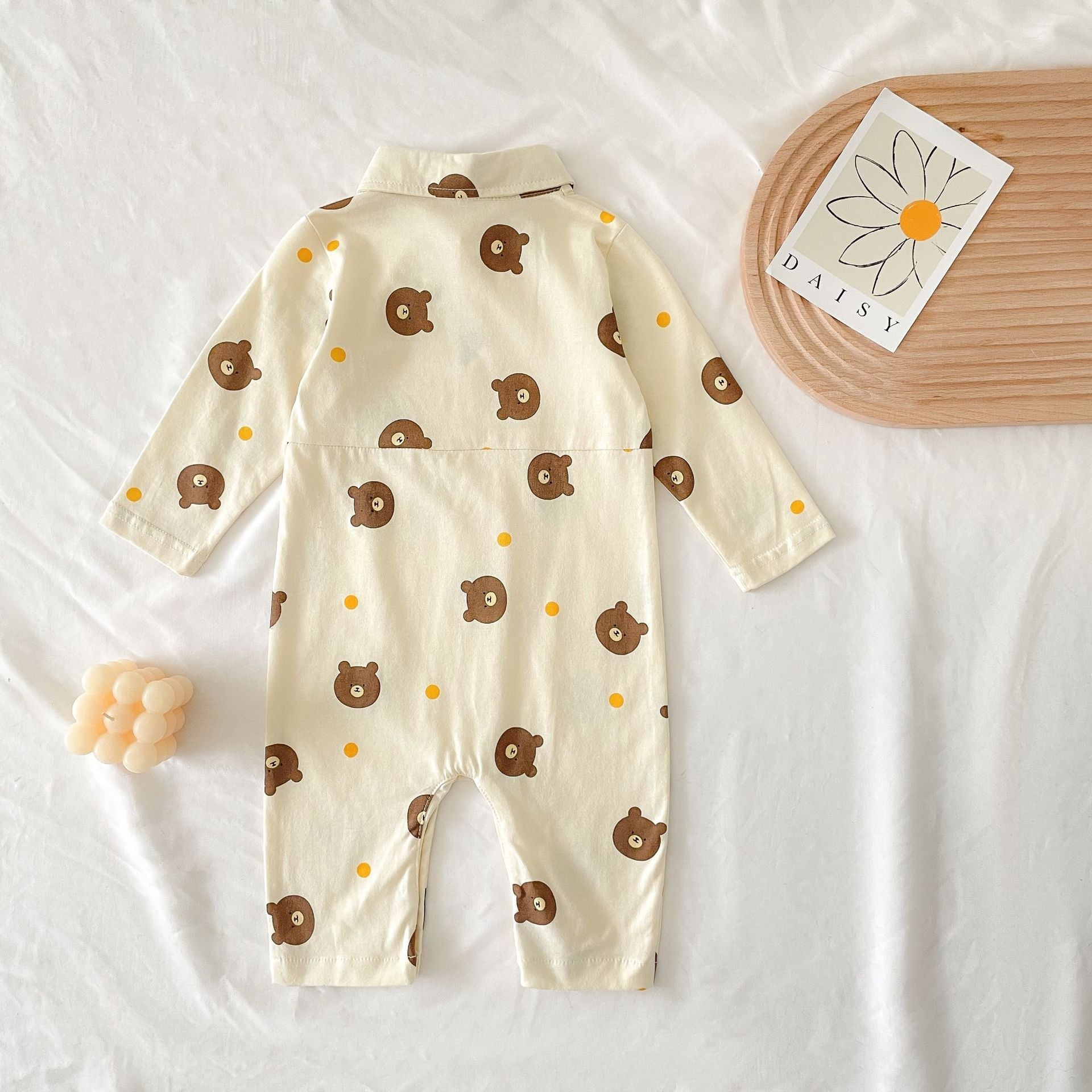 Baby Boy Bear Pattern Long Sleeve Polo Collar Long Romper