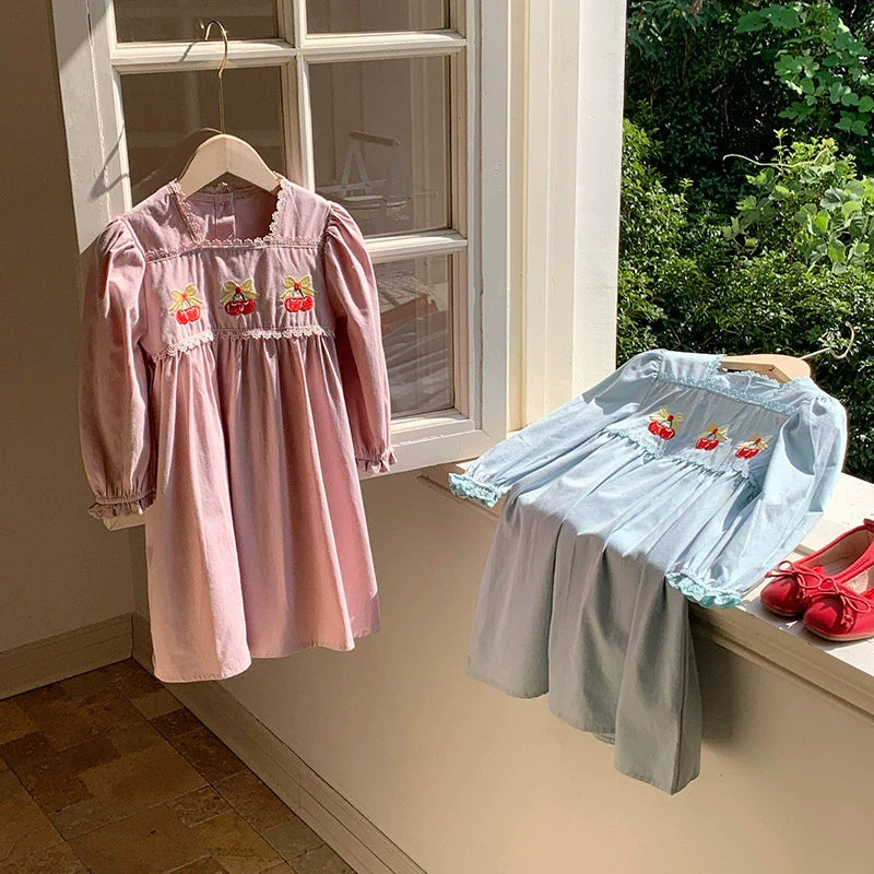 Autumn Arrival Baby Kids Girls Cherry Embroidered Pattern Long Sleeves Dress
