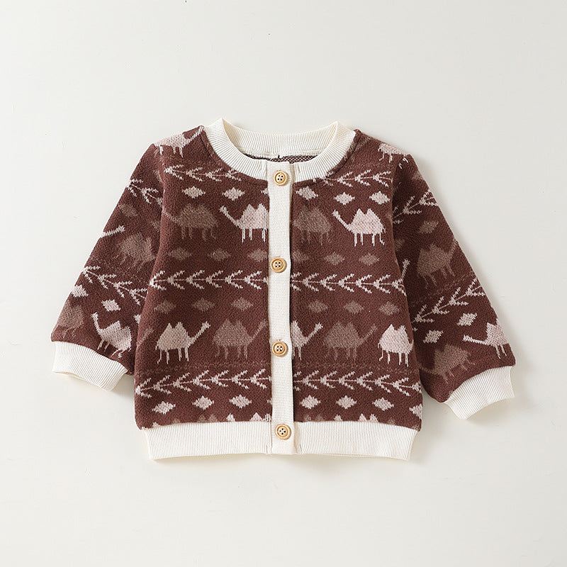 Autumn Arrival Baby Kids Unisex Comfortable Animals and Geometric Pattern Knitted Long Sleeves Cardigan