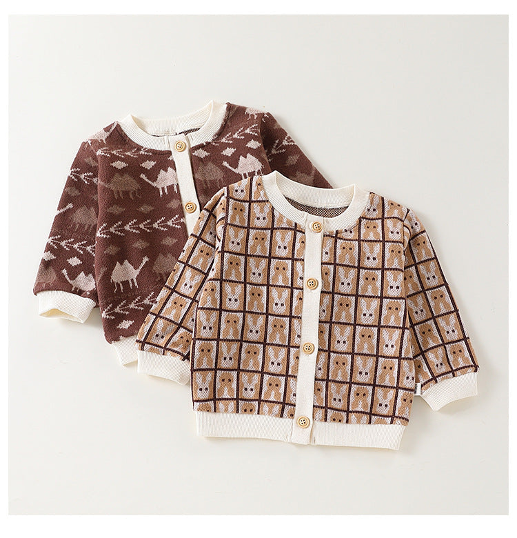 Autumn Arrival Baby Kids Unisex Comfortable Animals and Geometric Pattern Knitted Long Sleeves Cardigan