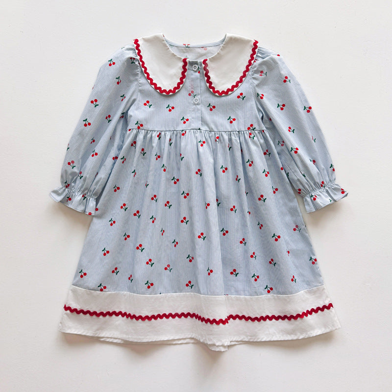 Autumn Arrival Baby Kids Girls Cherry Pattern Long Sleeves Dress with Collar