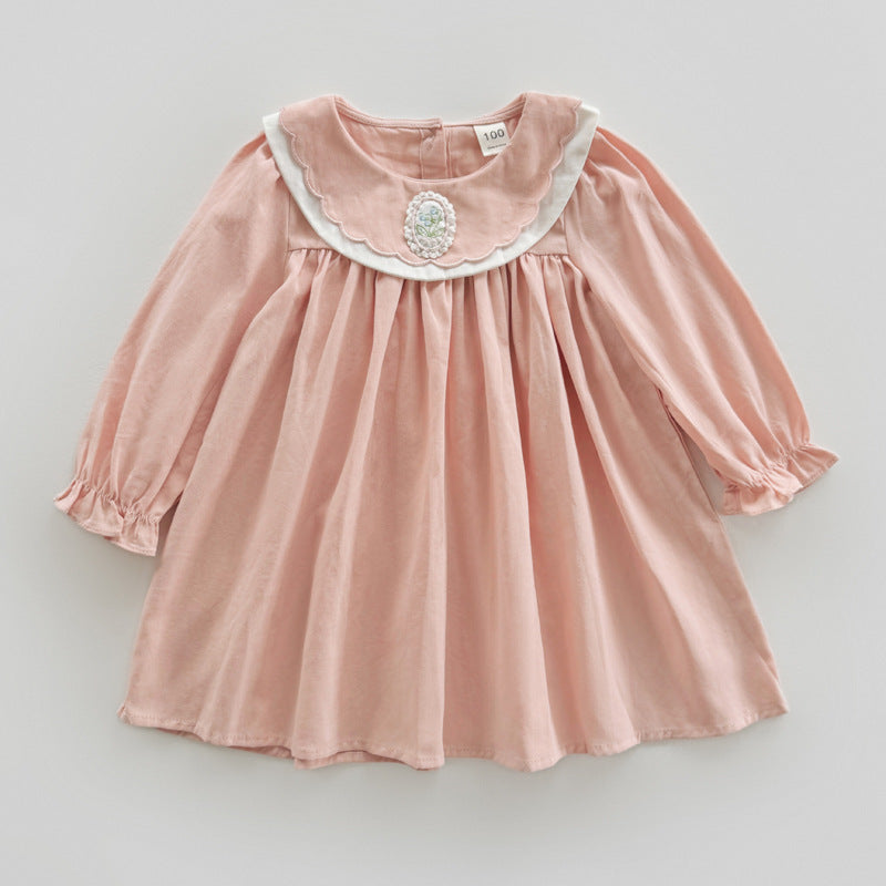 Simple Plain Autumn Girls Flower Embroidery Collar Long Sleeves French Style Dress