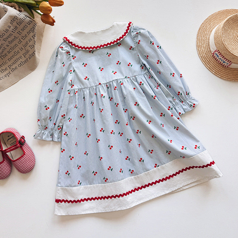 Autumn Arrival Baby Kids Girls Cherry Pattern Long Sleeves Dress with Collar
