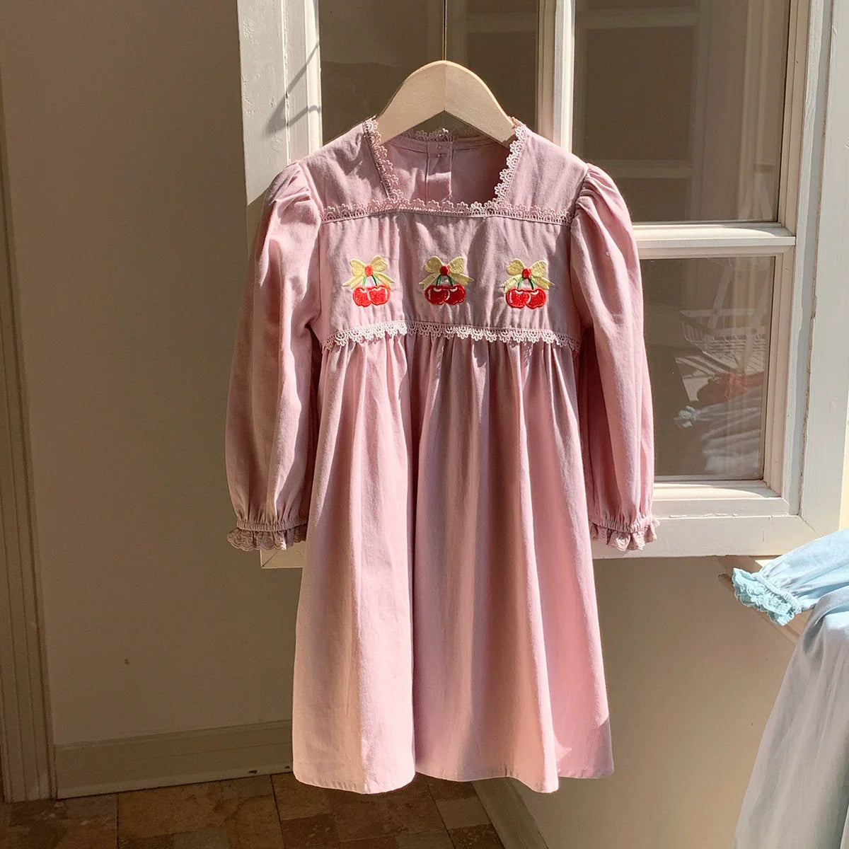 Autumn Arrival Baby Kids Girls Cherry Embroidered Pattern Long Sleeves Dress