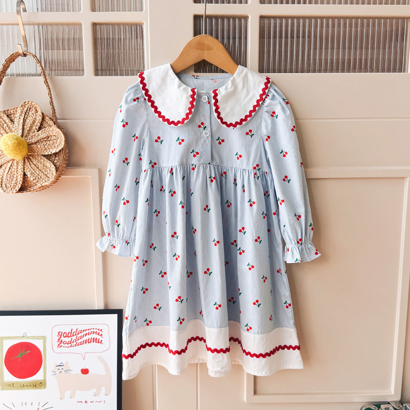 Autumn Arrival Baby Kids Girls Cherry Pattern Long Sleeves Dress with Collar