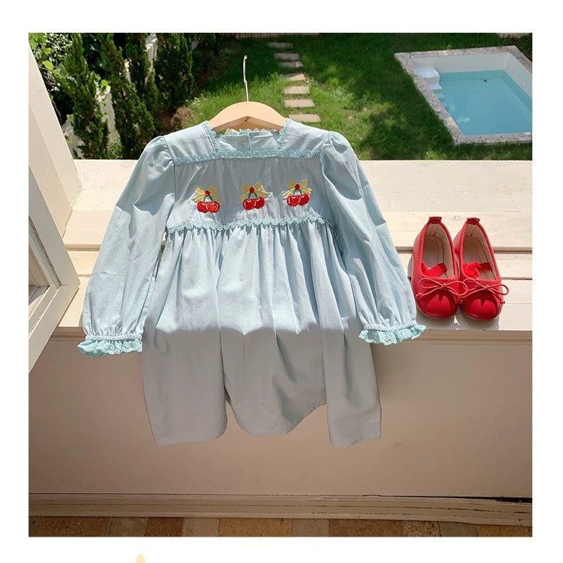 Autumn Arrival Baby Kids Girls Cherry Embroidered Pattern Long Sleeves Dress