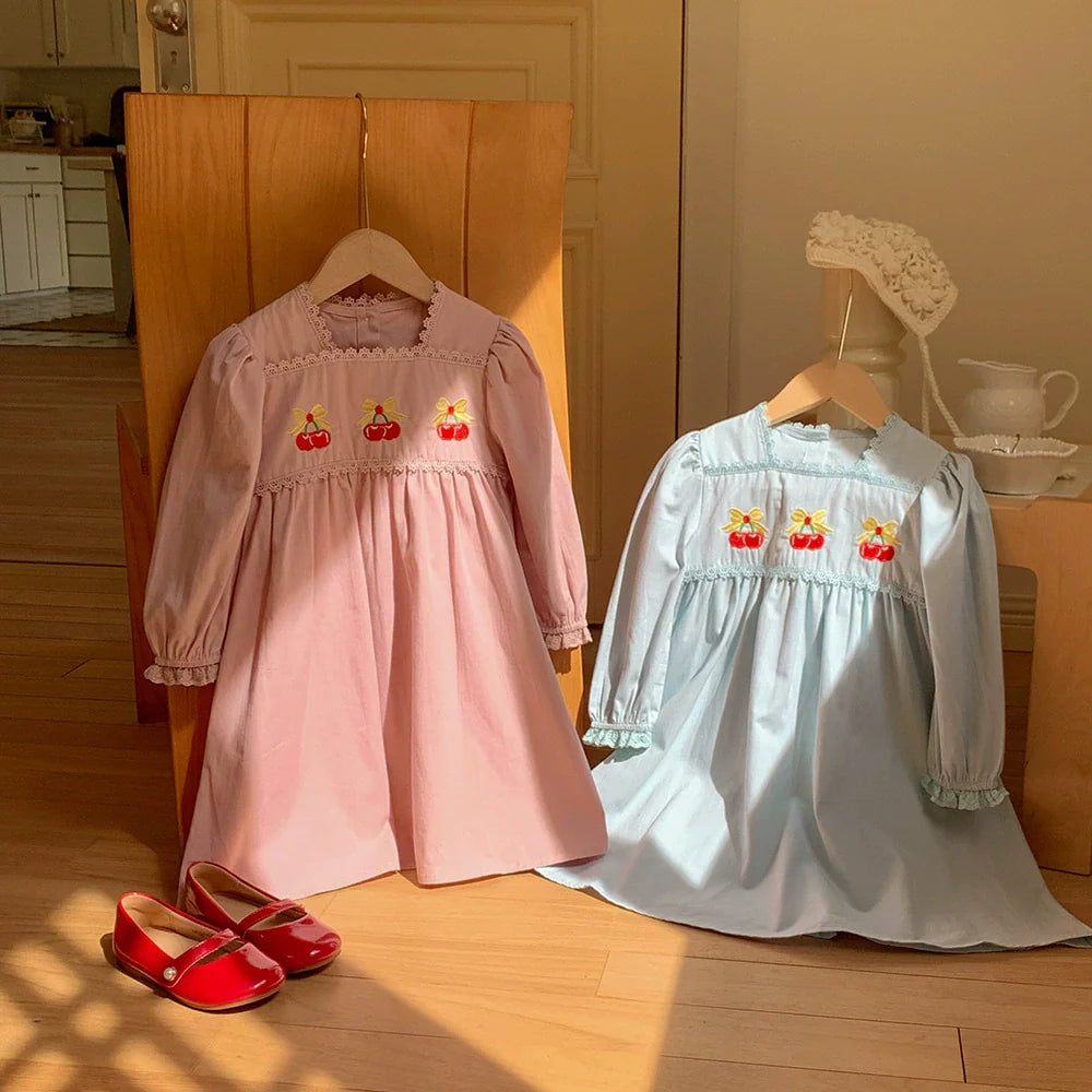 Autumn Arrival Baby Kids Girls Cherry Embroidered Pattern Long Sleeves Dress