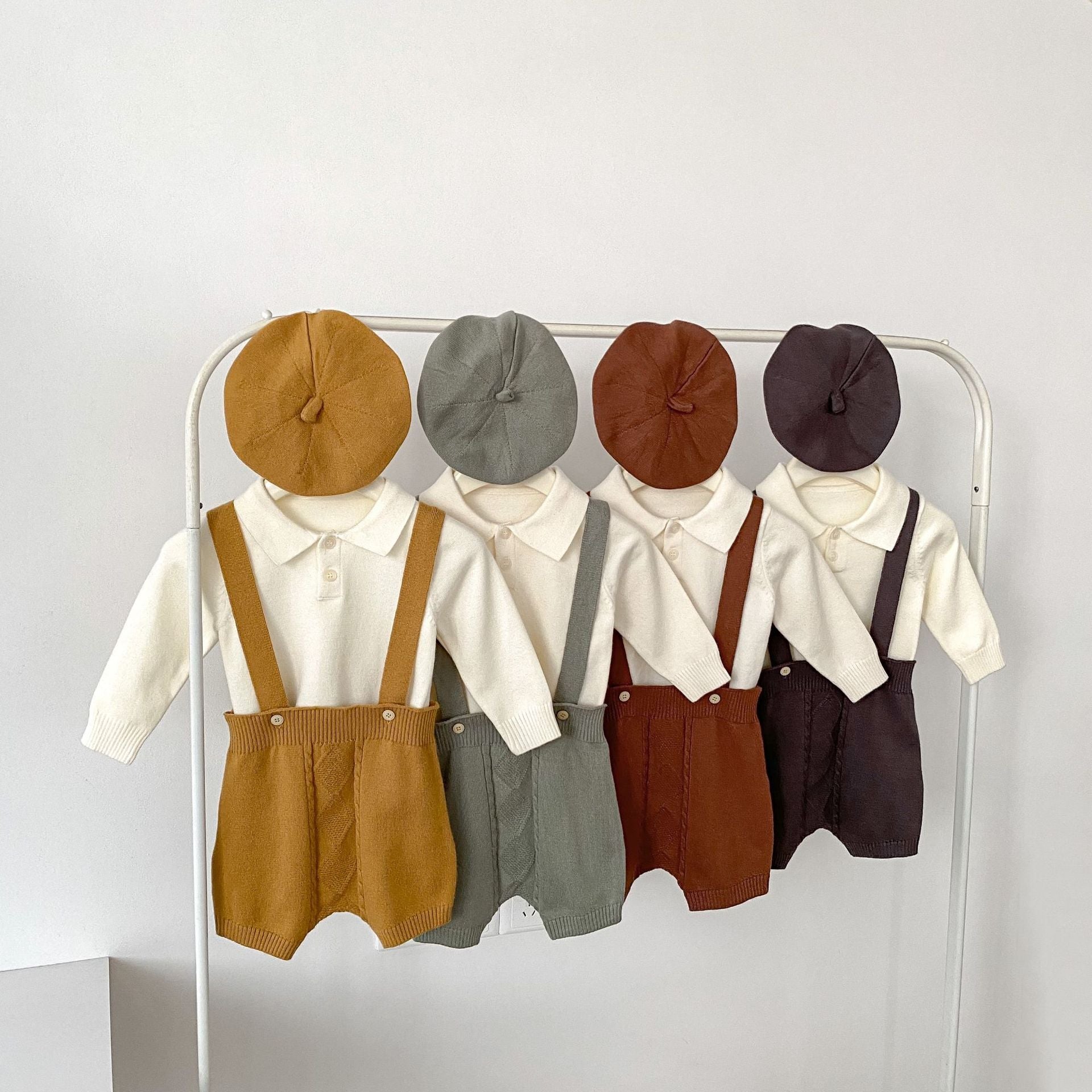 Autumn Baby Boys Long Sleeves Simple Knitted Top, Overalls and Hat Clothing Set