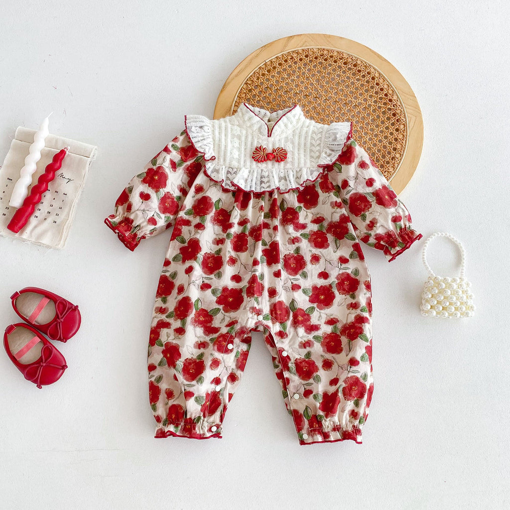 Autumn Arrival Baby Girls Long Sleeves Floral Print Romper Bodysuits