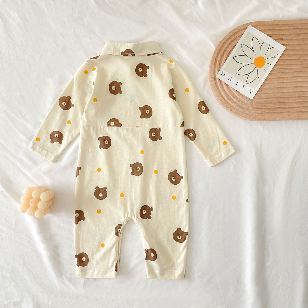 Baby Boy Bear Pattern Long Sleeve Polo Collar Long Romper