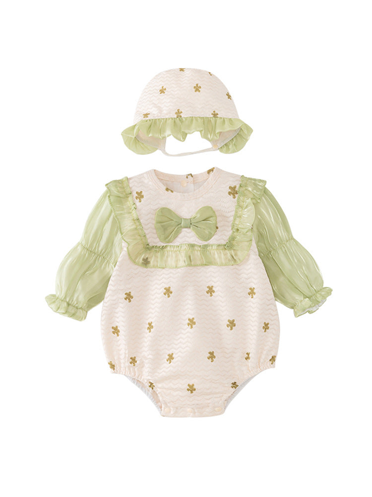 Autumn Arrival Baby Girls Flowers Pattern Long Sleeves Lace Patchwork Onesies with Hat