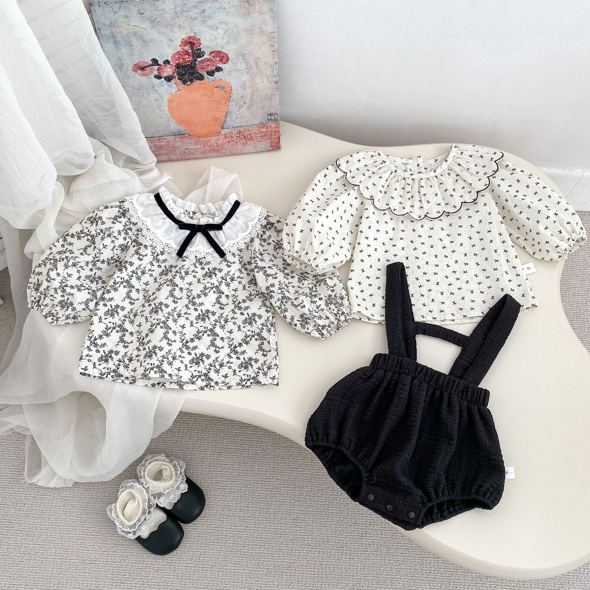 Arrival Spring Girls Long Sleeves Butterfly-Bows/Floral Pattern Top and Overalls Onesies Set Clothing Set-3