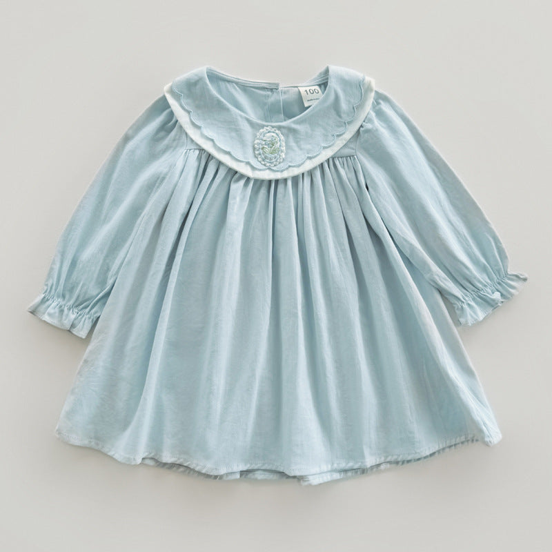 Simple Plain Autumn Girls Flower Embroidery Collar Long Sleeves French Style Dress