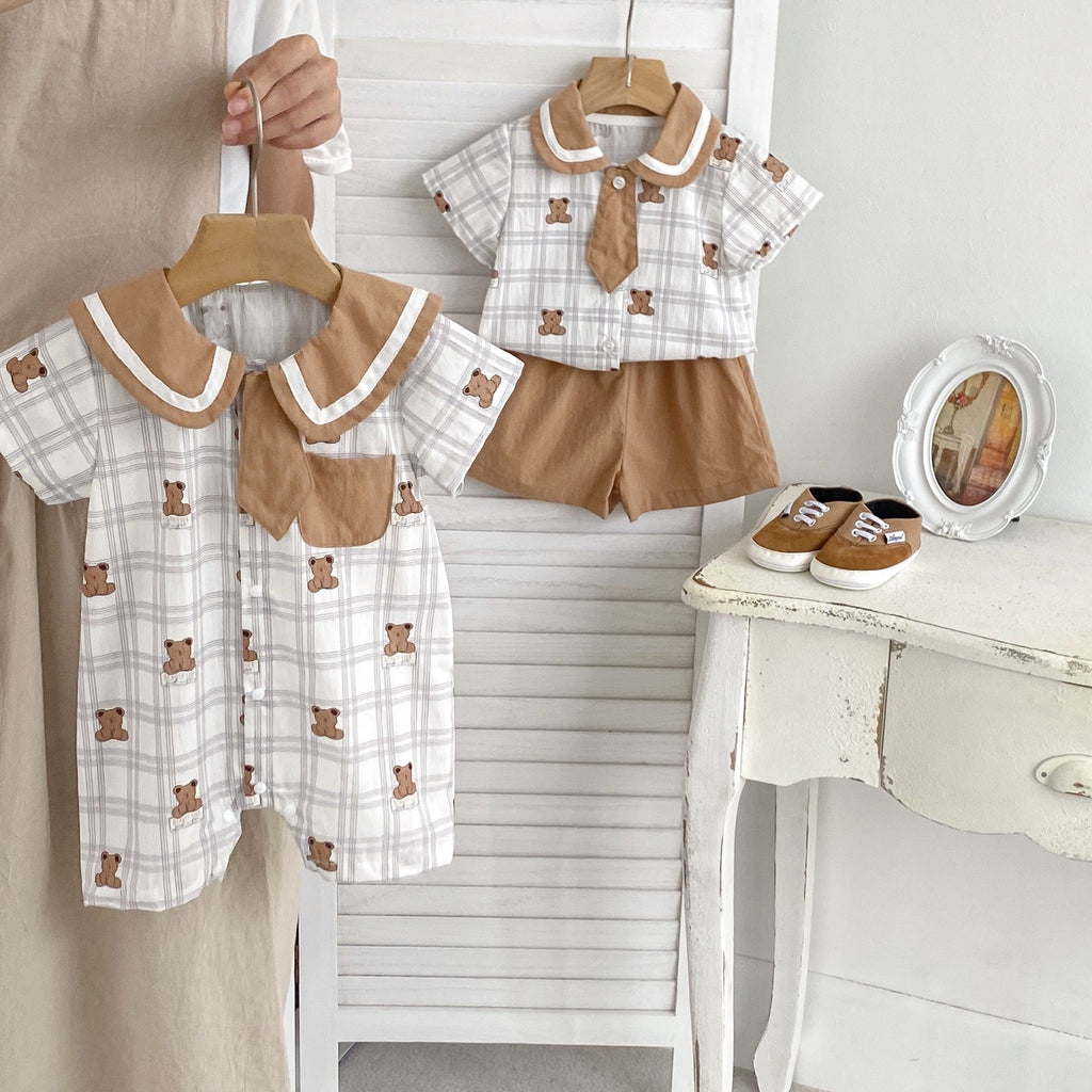 Summer Baby Teddy Pattern Plaid Short-Sleeved Romper And Clothing Sets For Boys – Brother Matching Set