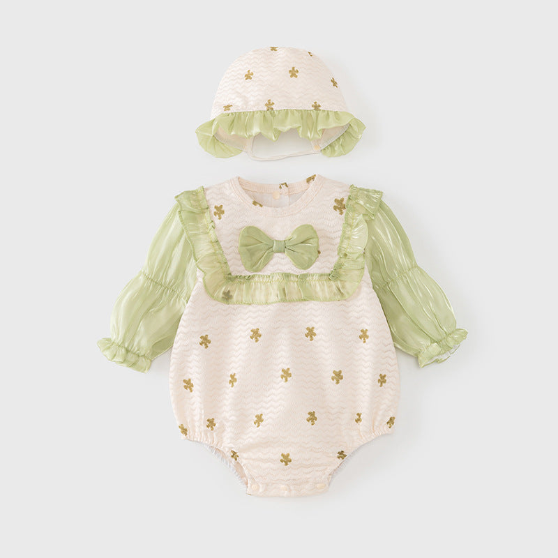 Autumn Arrival Baby Girls Flowers Pattern Long Sleeves Lace Patchwork Onesies with Hat